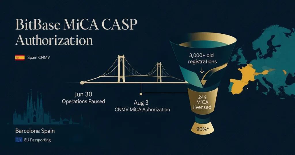 BitBase 获西班牙 CNMV 颁发 MiCA CASP 授权:欧洲最大加密 ATM 网络暂停 34 天后即将恢复运营,MiCA 合规大洗牌中加密基金的欧洲出入金通道选择