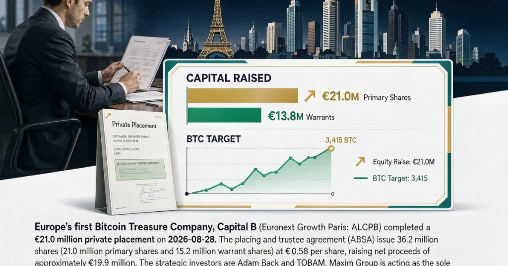 欧洲首只比特币金库公司 Capital B 完成 2,100 万欧元定向增发:ABSA 权证结构与欧盟上市募资合规解析