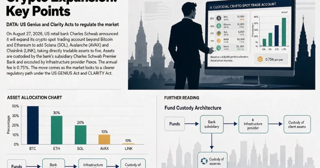 美国 Charles Schwab 扩展加密交易至 SOL/AVAX/LINK:银行子公司托管与基金分销通道解析