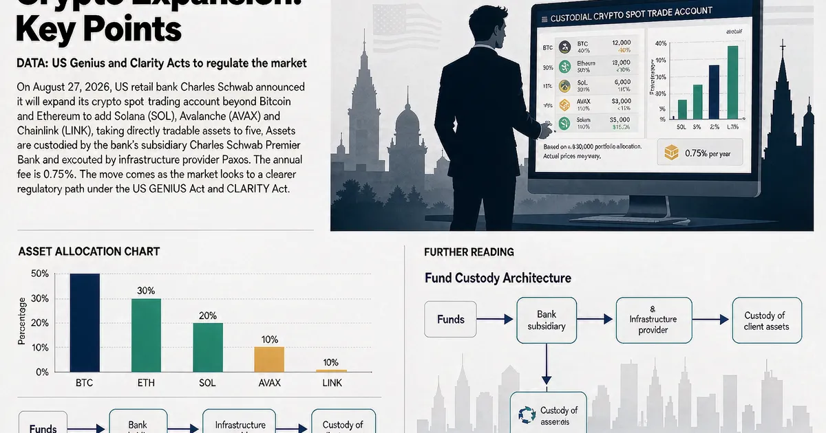 美国 Charles Schwab 扩展加密交易至 SOL/AVAX/LINK：银行子公司托管与基金分销通道解析