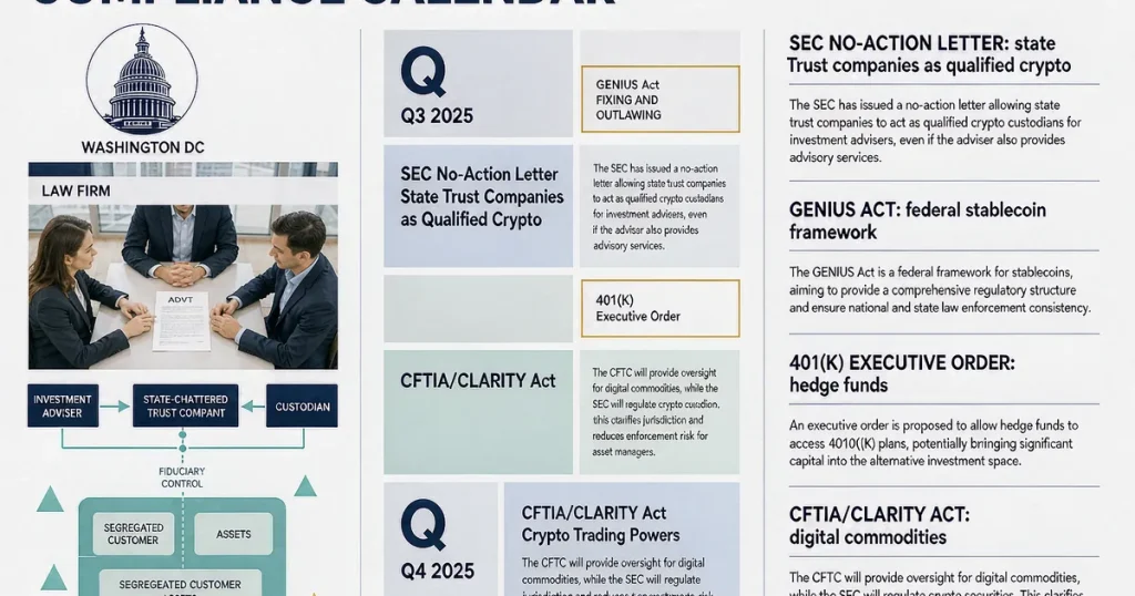 Cole-Frieman & Mallon 2025 Q3 监管全景：州信托公司获准为合格加密托管人、GENIUS Act 与 401(k) 另类资产通道对基金架构的影响