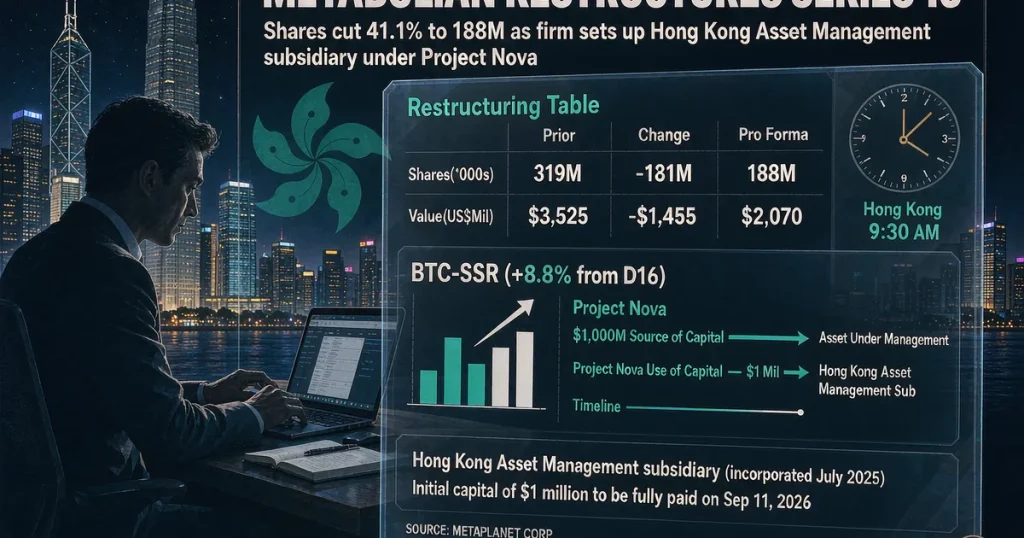 Metaplanet 削减 Series 10 期权池 41% 并拟设香港资管子公司：企业BTC金库公司的稀释治理重置与持牌路径