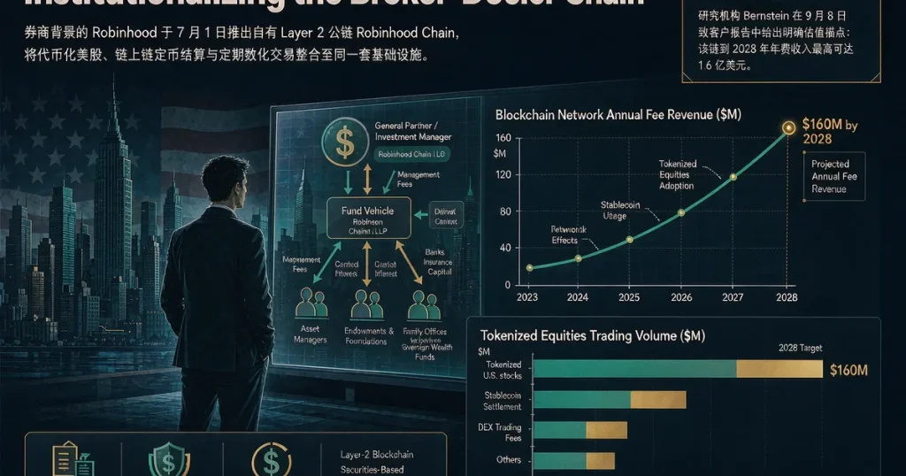 Robinhood Chain 代币化美股收入模型：Bernstein 预测 2028 年 1.6 亿美元年费对加密基金架构的启示