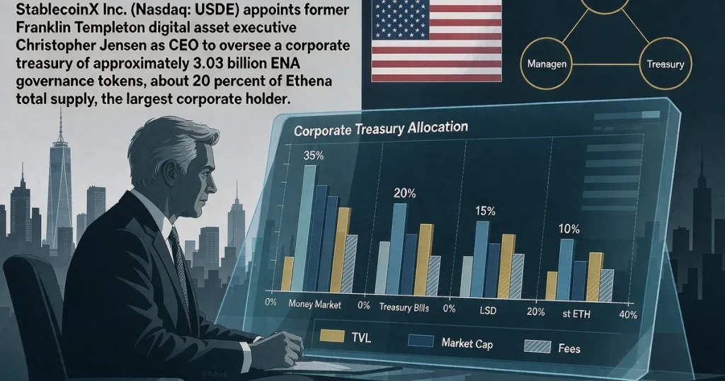 美国 StablecoinX 任命 Franklin Templeton 数字资产老将 CEO：30 亿枚 ENA 财资治理与 Nasdaq 上市路径