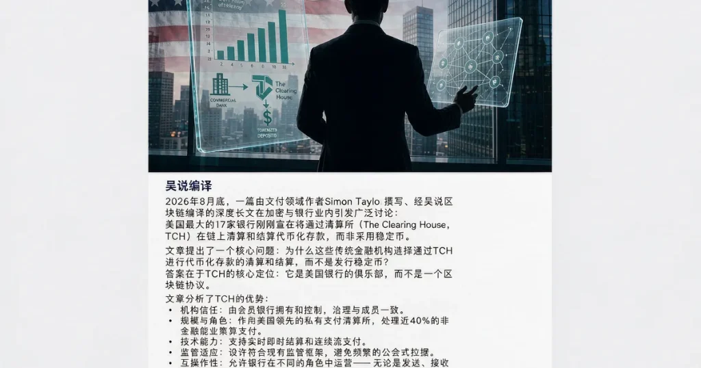 美国 17 家银行链上代币化存款：TCH 如何用轧差护城河对抗稳定币？