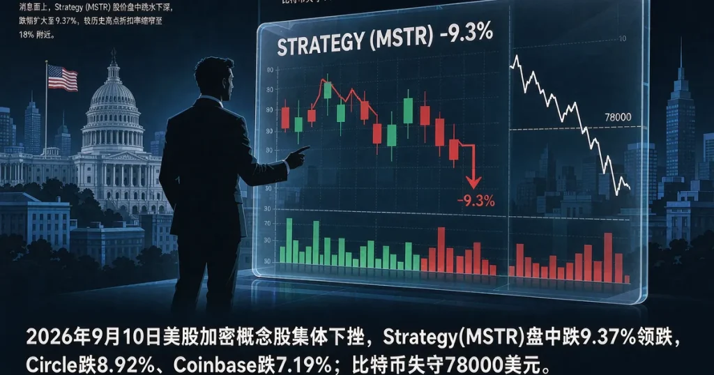 美股加密概念股9月10日集体下挫：Strategy领跌9.3%、Circle与Coinbase跟跌——企业BTC金库股估值逻辑生变