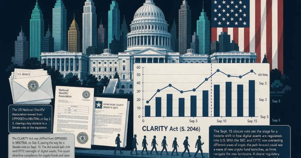 美国 CLARITY Act 获全国警长协会转中性立场：加密基金如何应对 9·15 参议院 cloture 投票与 SEC/CFTC 监管分权