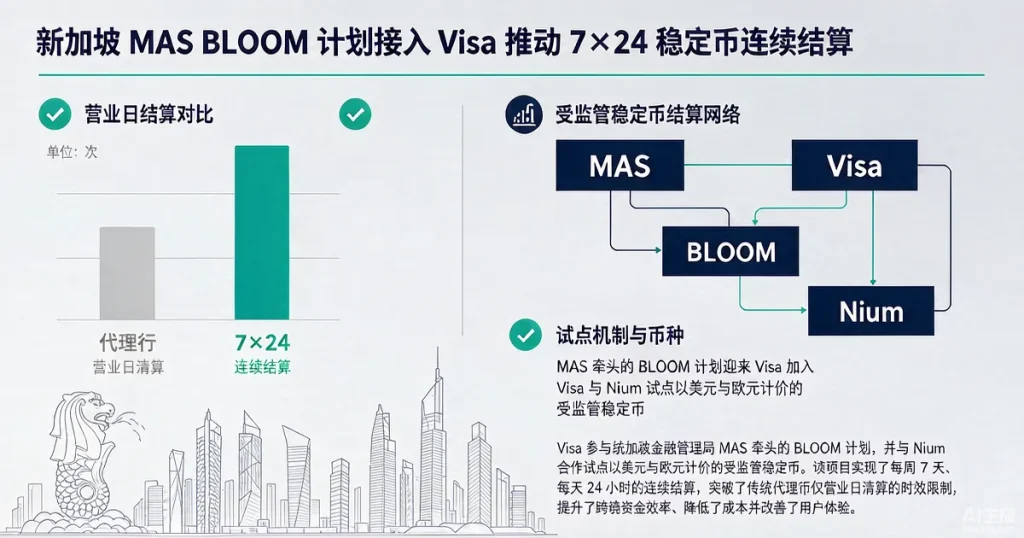 新加坡 MAS 牵头 BLOOM 计划:Visa 携手 Nium 试点稳定币 7×24 结算(基金合规视角)