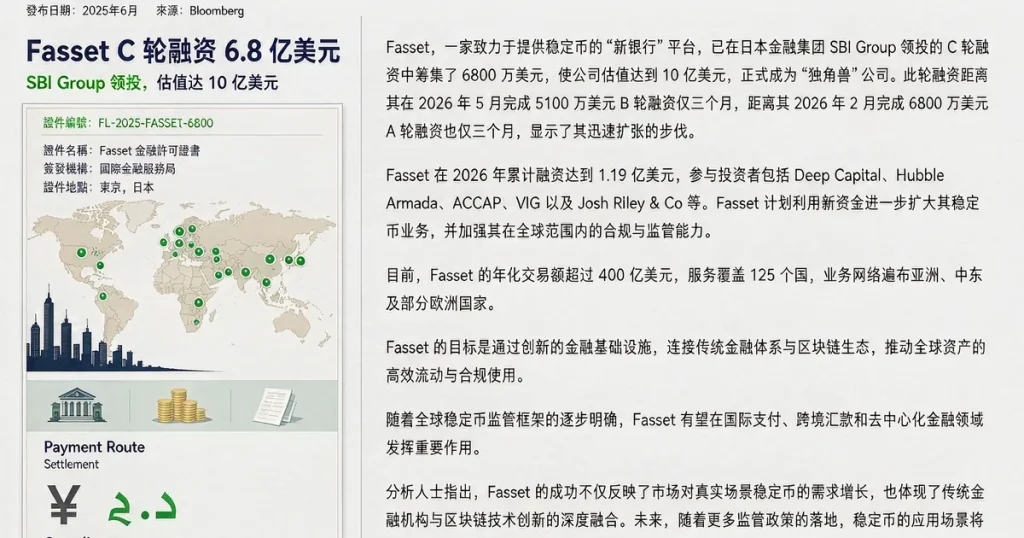 日本 SBI 领投 Fasset 6800万美元C轮:持区域牌照的稳定币新银行跻身独角兽