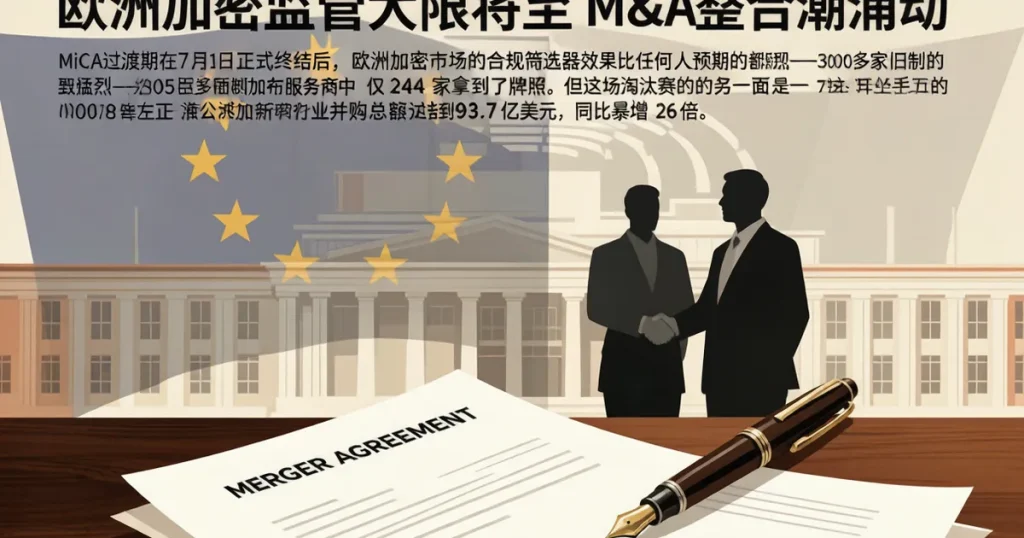 欧洲加密监管高墙催生并购潮：MiCA大限后3000+平台仅存244家，持牌机构成并购标的——传统金融如何用收购绕过合规门槛？
